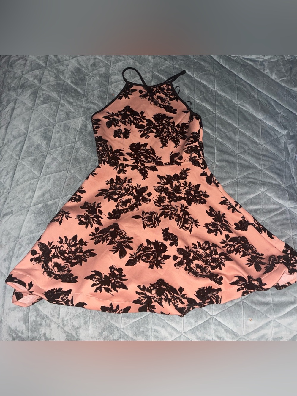 Pink Floral Skater Dress with Black Print M